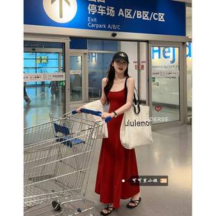海边度假气质收腰显瘦 官方旗舰店纯欲风辣妹红色吊带连衣裙女春季