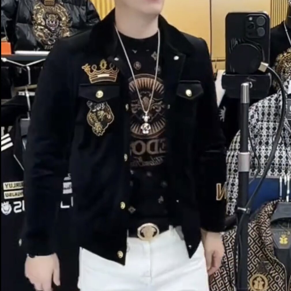 欧货重工刺绣外套男士修身型休闲帅气潮流灯芯绒青年翻领保暖夹克