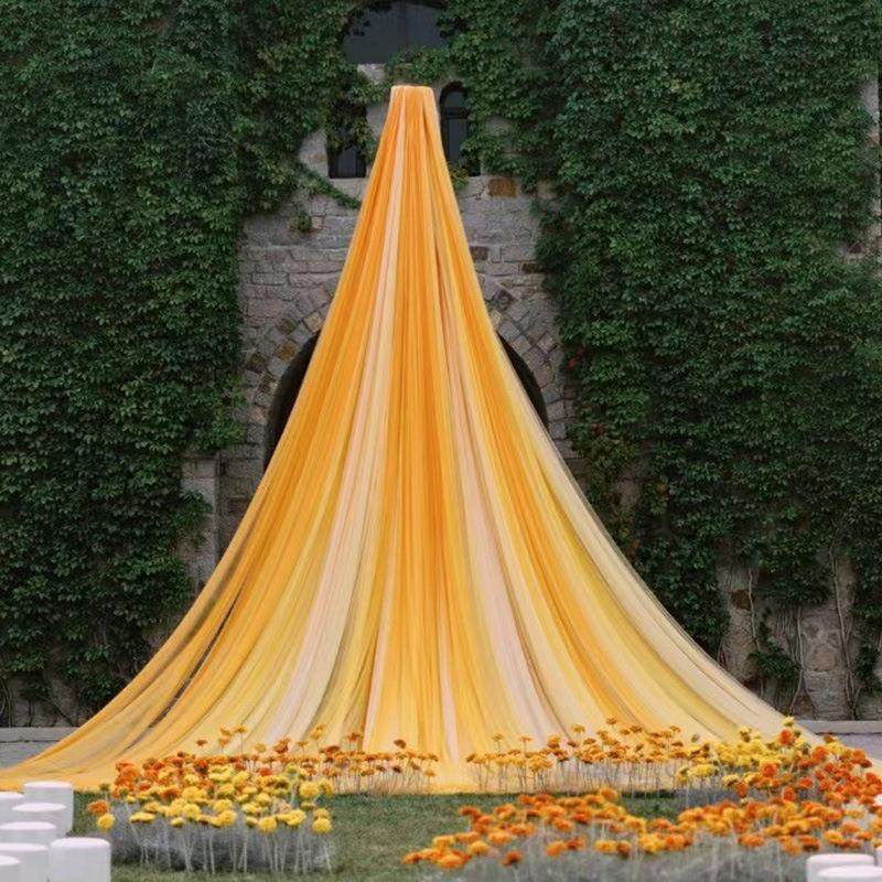 橙红橙黄色橙色垂感软网纱婚纱礼服布料拍照婚庆背景场景布置网纱