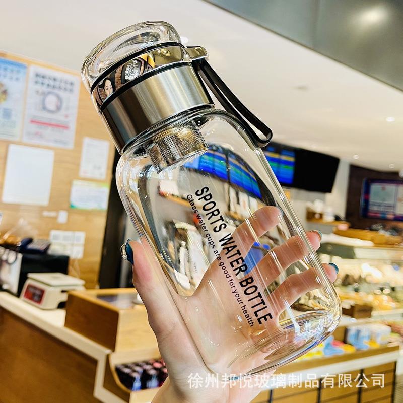 1000ml大容量户外便携水杯透明玻璃泡茶杯耐高温提绳茶水分离杯