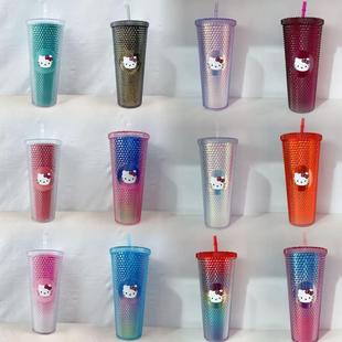 跨境杯子爆款Hitty710m双层塑料杯美式带盖吸管杯水杯榴莲杯