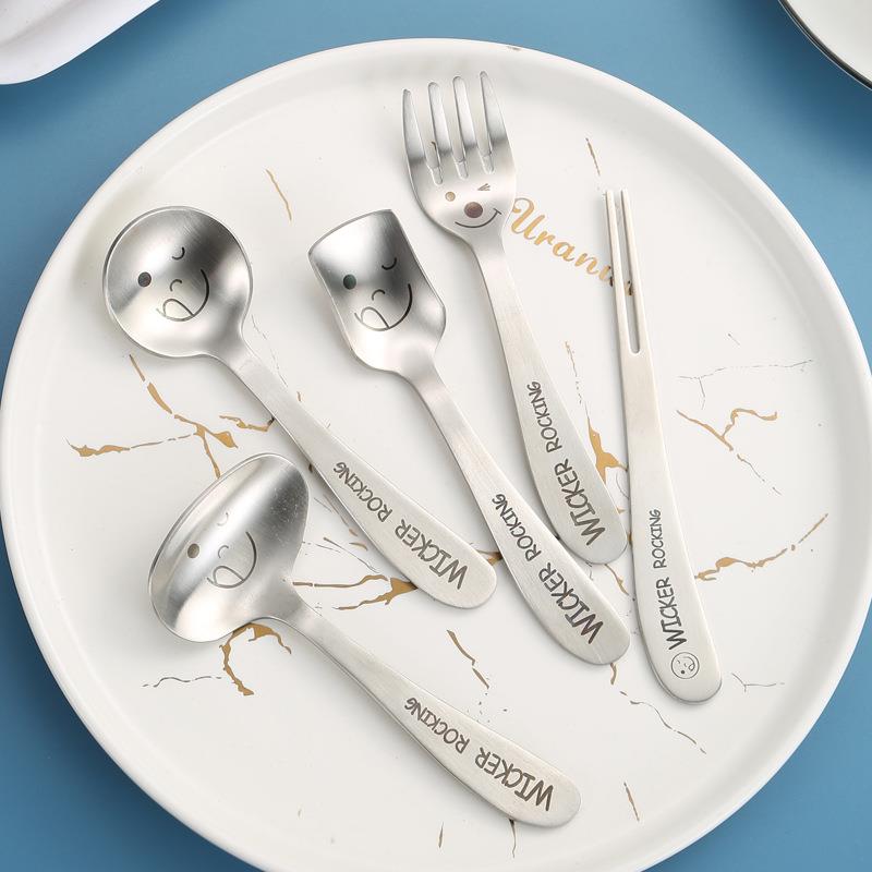 304不锈钢儿童笑脸勺叉短柄喂养勺卡通宝宝辅食勺水果叉便携餐具