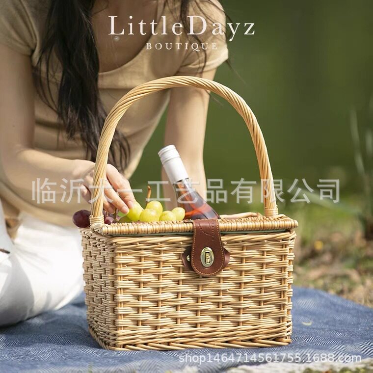 批发柳编收纳筐藤编织野餐篮购物篮藤编户外手提野餐篮水果篮子