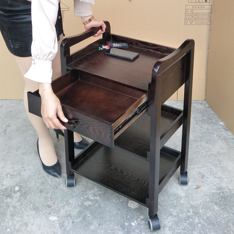 美容院实木三层抽屉带轮工具车