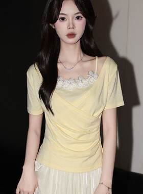 Forever21韩系多巴胺假两件花朵小衫女超好看浅黄收腰短袖T恤上衣