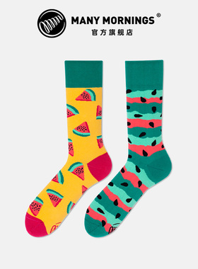 Many Mornings西瓜飞溅中筒袜情侣袜子女男袜多巴胺小众不对称袜