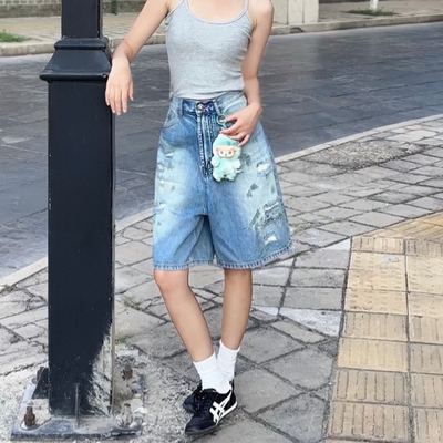 美式水洗做旧抹脏破洞牛仔五分裤