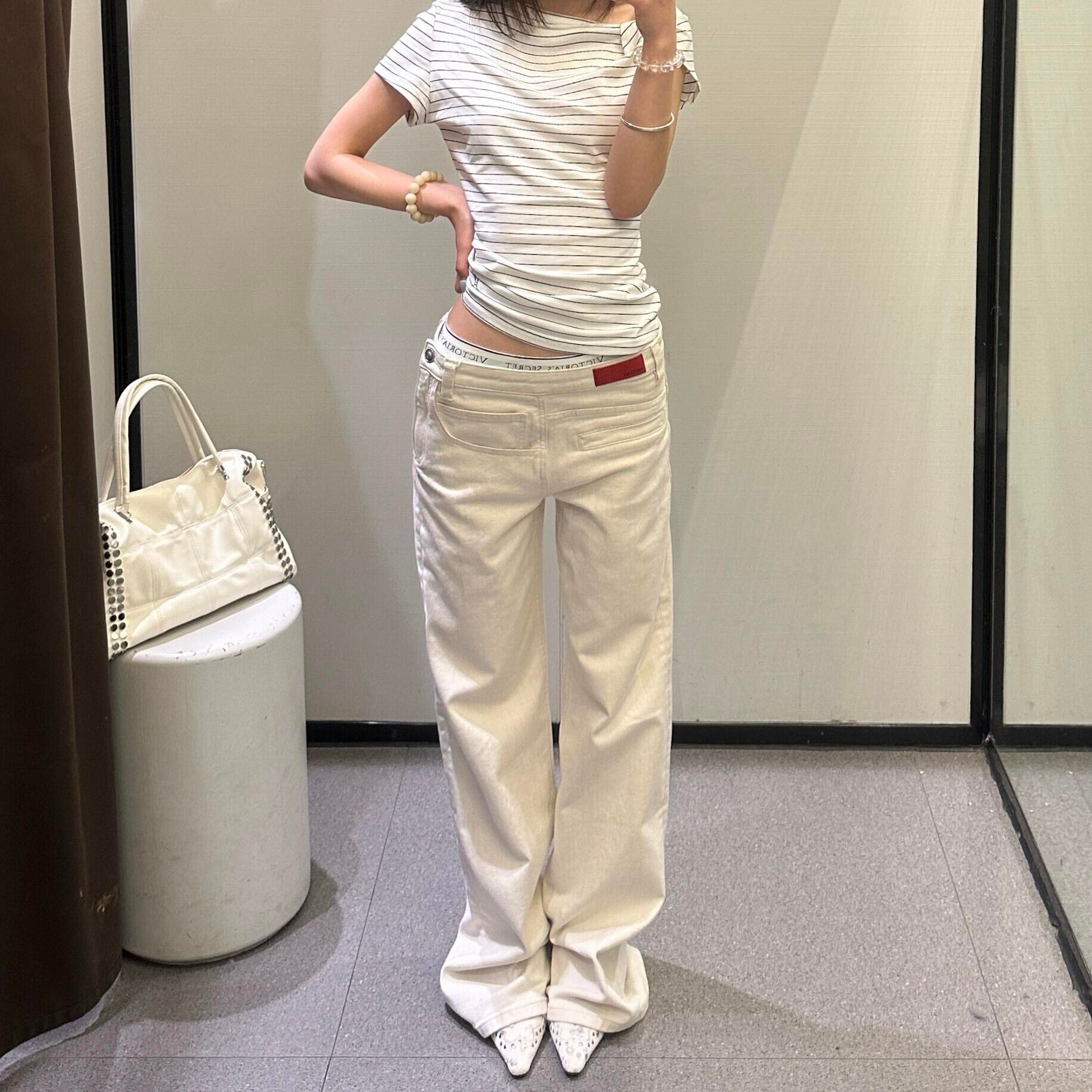 美式复古水洗错位设计牛仔裤女街头辣妹休闲宽松直筒阔腿垂感长裤