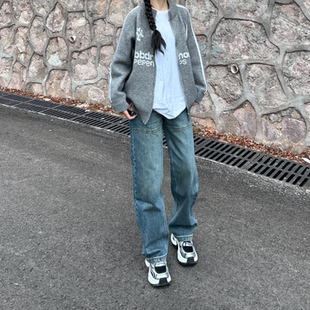 美式复古街头vibe水洗设计直筒牛仔裤女潮牌百搭休闲宽松拖地长裤