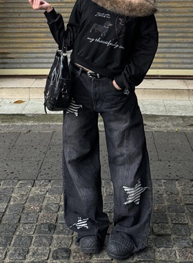 美式复古星星刺绣黑色弯刀牛仔裤女街头hiphop阔腿直筒兔子裤子潮