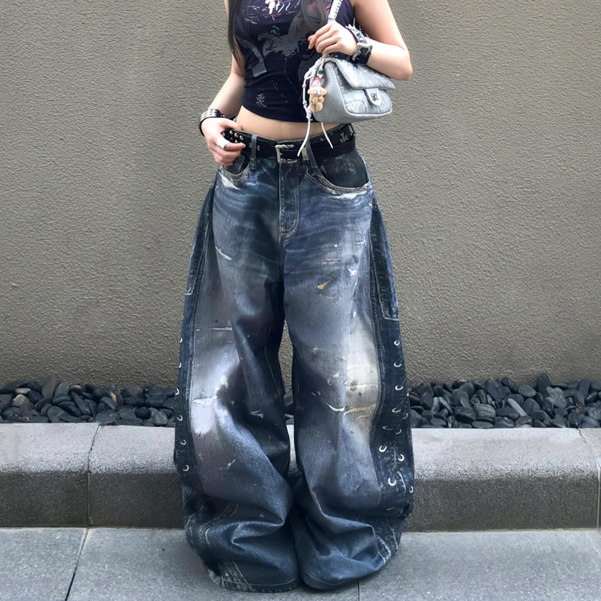 高街弯刀牛仔裤潮流裤子女