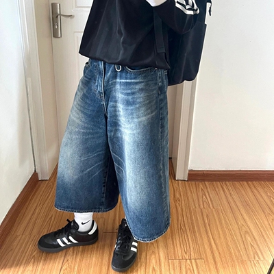 夏季美式复古水洗猫须阔腿牛仔裤