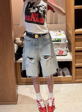 美式高街水洗破洞毛边直筒五分裤女vibe宽松百搭显瘦阔腿牛仔短裤