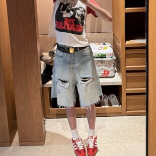 女vibe宽松百搭显瘦阔腿牛仔短裤 美式 高街水洗破洞毛边直筒五分裤
