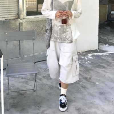 美式复古多口袋工装牛仔七分裤