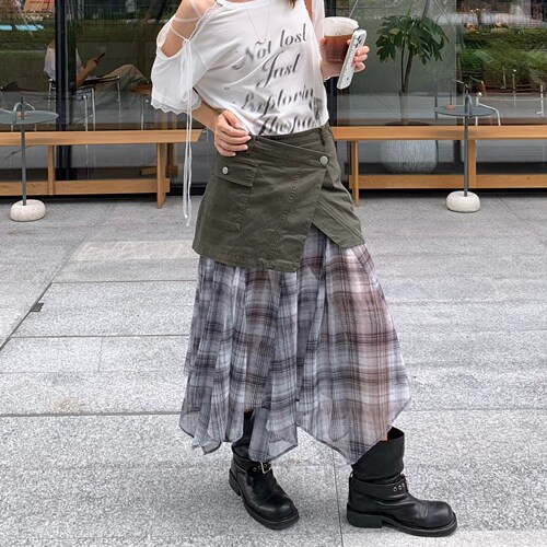 美式不规则拼接格纹牛仔半身裙