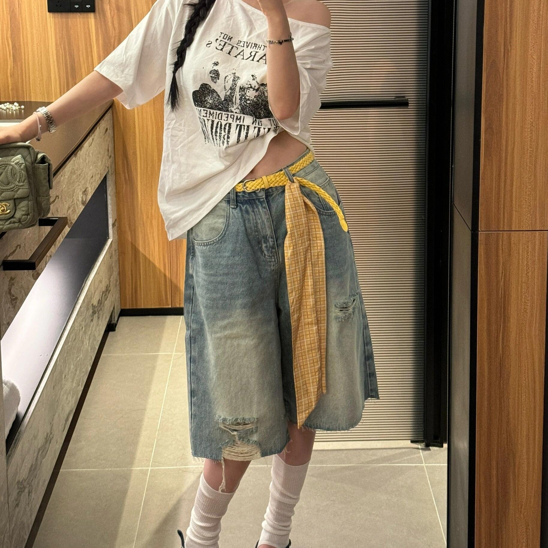 美式复古设计感破洞毛边牛仔七分裤女夏季新款宽松阔腿显瘦中裤潮