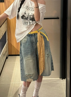 美式复古设计感破洞毛边牛仔七分裤女夏季新款宽松阔腿显瘦中裤潮