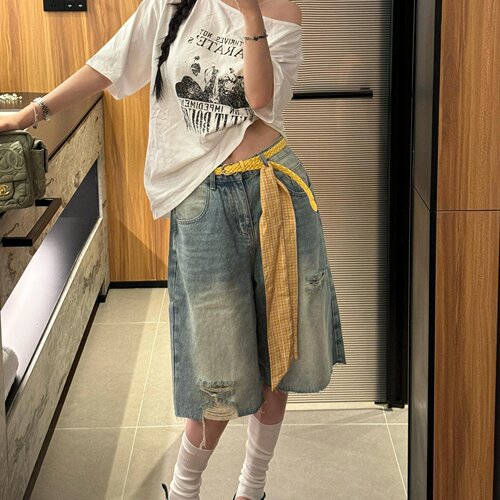 设计感破洞毛边牛仔七分裤女