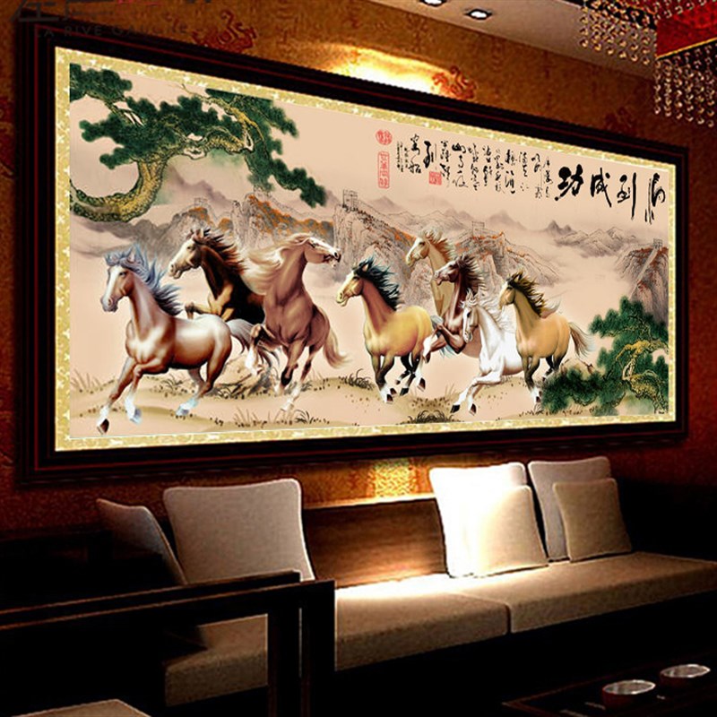 八骏图十字绣2021n新款线绣客厅大幅风景马到成功八匹马自己绣手