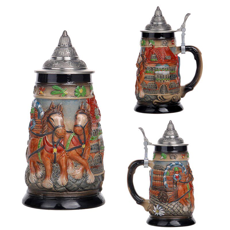 欧式德国啤酒杯复古创意大酒杯扎啤陶瓷杯手工浮雕彩绘.杯子马克