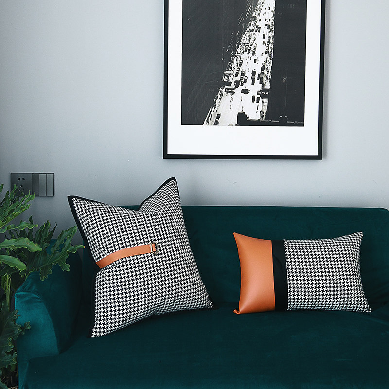 轻奢千鸟格皮拼接黑色绒布x小腰枕样板房沙发靠垫床上腰靠