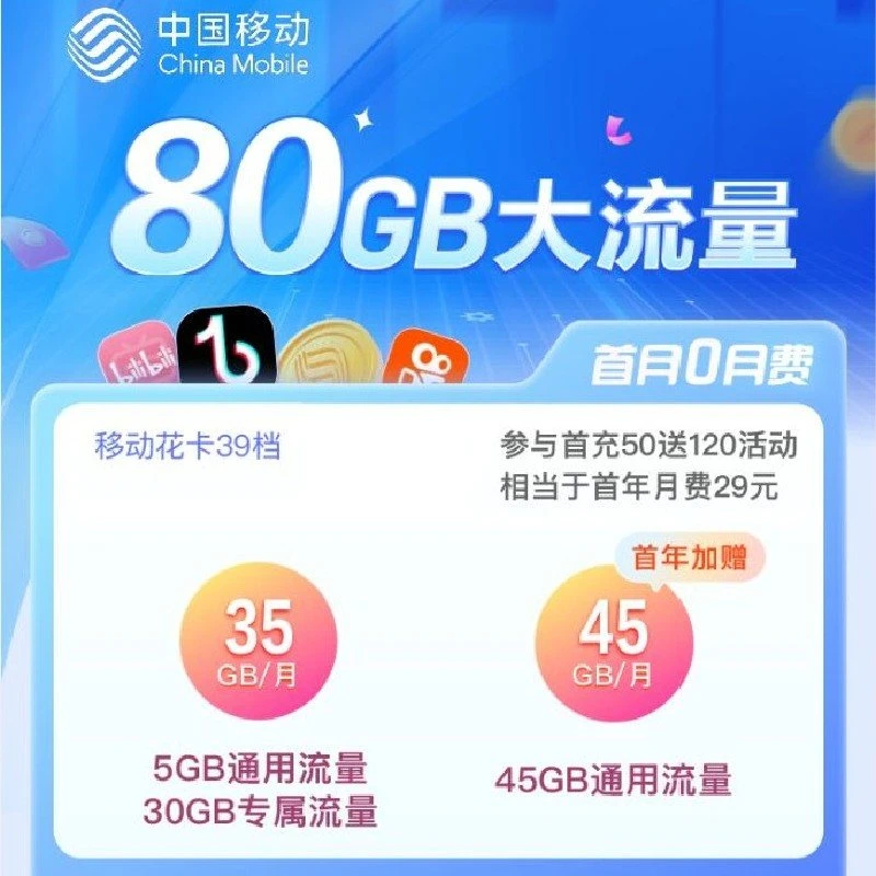 中国移动流量卡全国可用 上网卡运营商号卡套餐