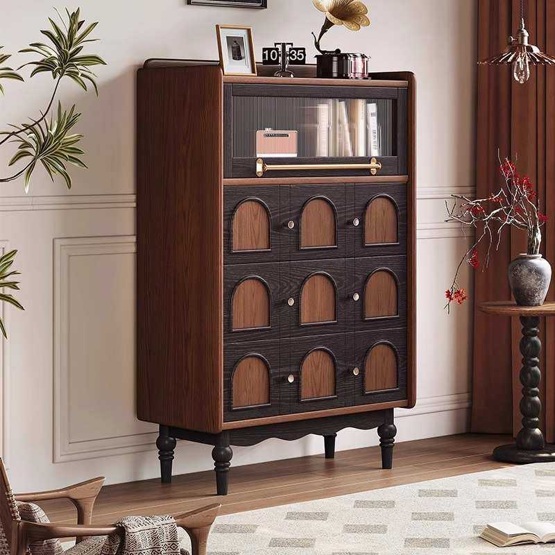 法式复古实木斗柜客厅靠墙电视柜旁小边柜中古风卧室床尾储物柜子