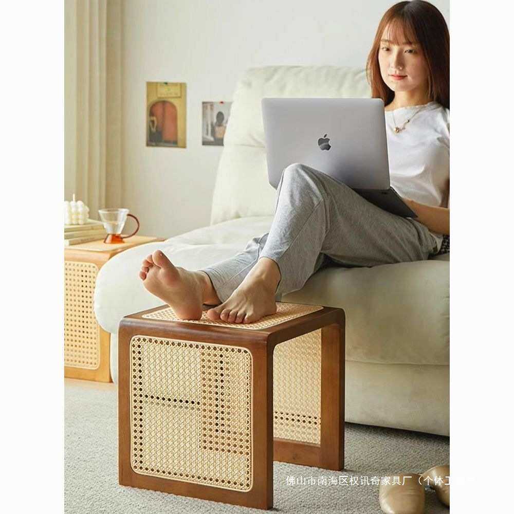 日式家居多功能实木藤编方凳沙发边角几民宿床头柜小户型换鞋凳子