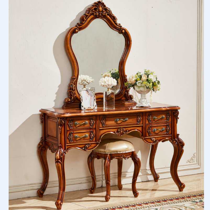 欧式全实木梳妆台 雕花卧室家具化妆镜妆凳套装花梨色高档简约