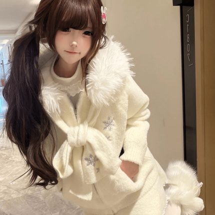 7号线原创 未名雪开衫加厚毛领外套jk制服百搭可爱毛绒保暖jk套装