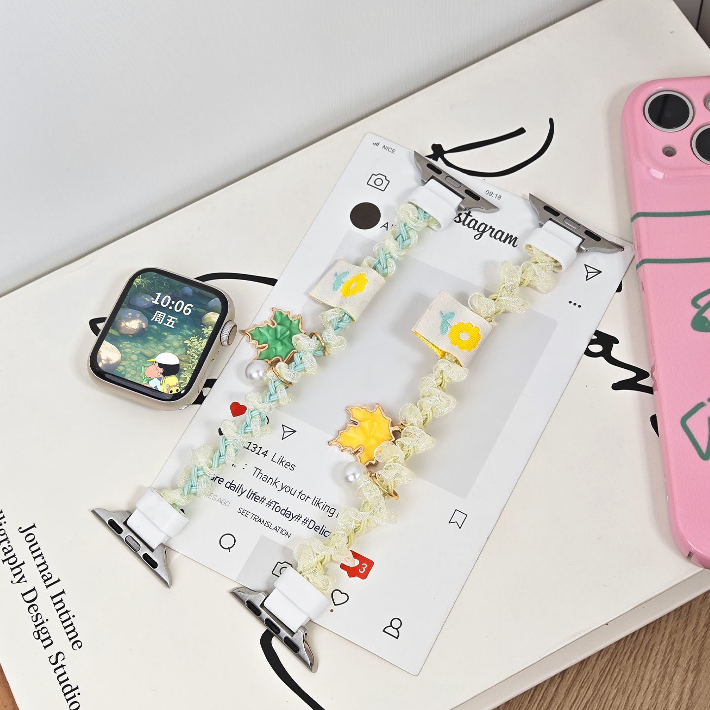 适用苹果手表s10表带新款森系蕾丝发圈腕带iwatch9小众清新s8夏天