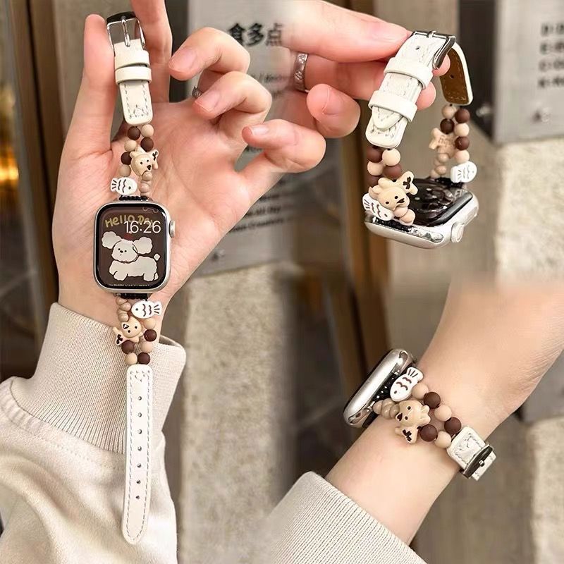 适用荣耀亲选2i/5/4表带watch5串珠拼皮质可爱荣耀手表4夏季腕带