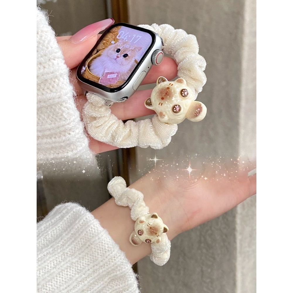 适用iwatchs11秋冬丝绒猫咪表带小米10/98pro发圈弹力红米56华为4
