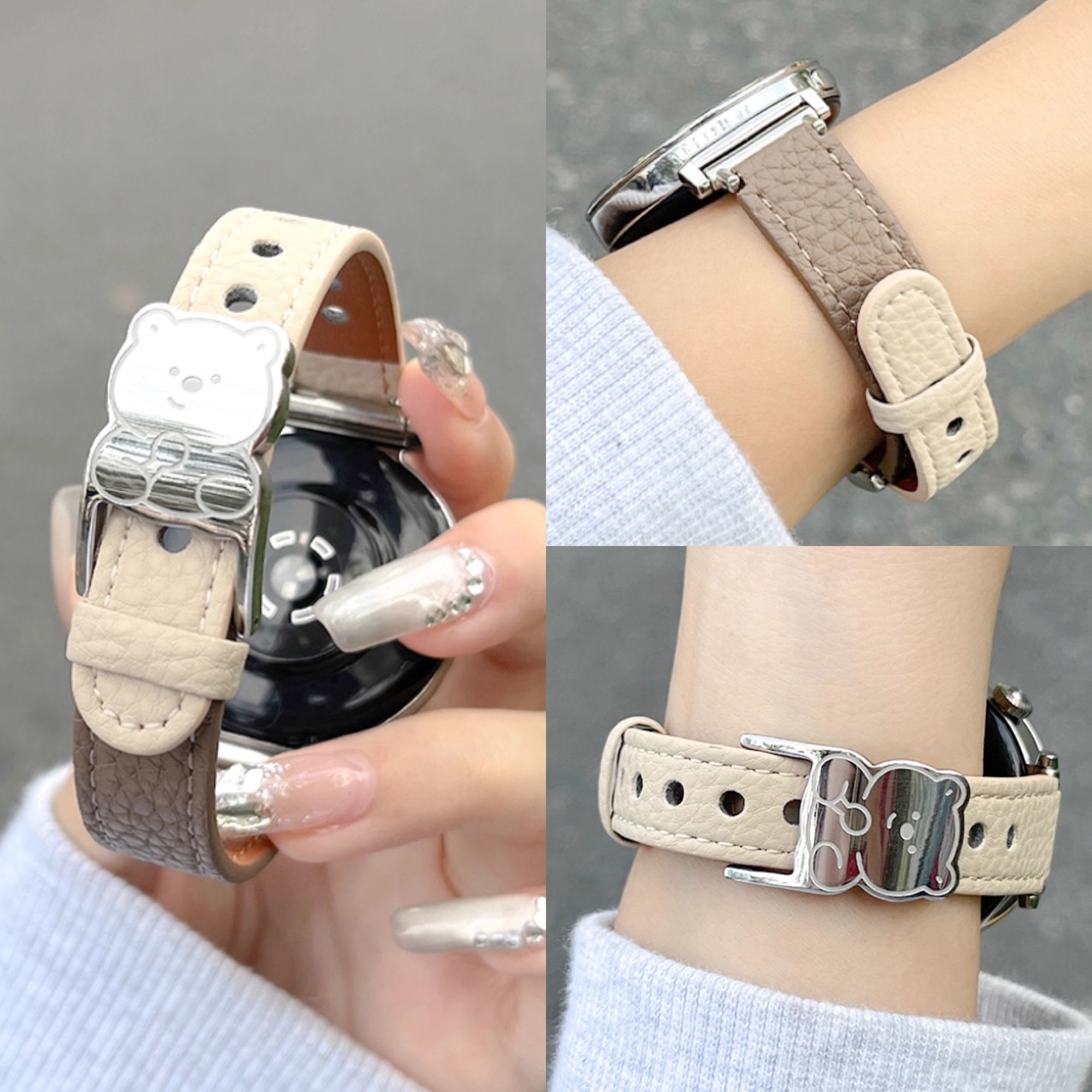 适用华为gt5手表带gt4皮质小熊扣watch5荔枝纹皮带gt3女2高级41mm