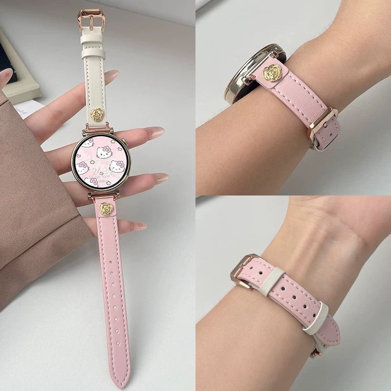 适用华为gt654321手表带watch54321皮质山茶花女款百搭细款荣耀2e