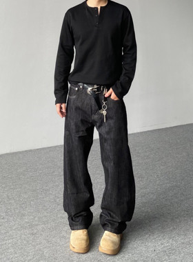98SQUID美式baggy赤耳原牛黑色牛仔裤男女宽松直筒百搭垂感长裤潮