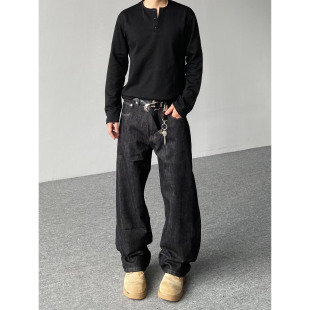 潮 男女宽松直筒百搭垂感长裤 98SQUID美式 baggy赤耳原牛黑色牛仔裤