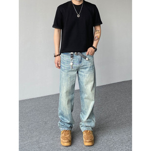 男女宽松直筒百搭长裤 vibe水洗做旧猫须蓝色牛仔裤 潮 美式 98SQUID