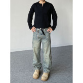 98SQUID 子 男女宽松休闲直筒垂感长裤 美式 高街做旧水洗泼墨牛仔裤