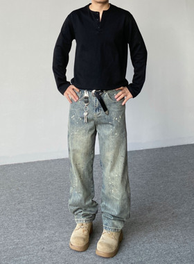 98SQUID 美式高街做旧水洗泼墨牛仔裤男女宽松休闲直筒垂感长裤子