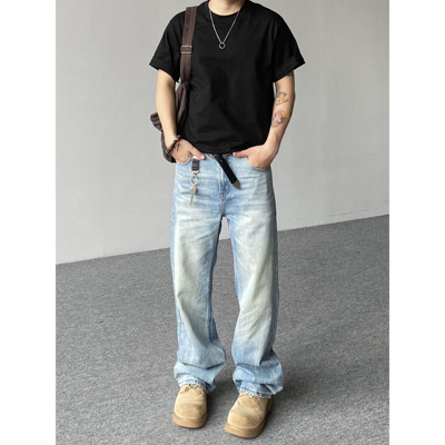 98SQUID 美式cleanfit冰川蓝裂纹微喇牛仔裤男女宽松休闲垂感长裤