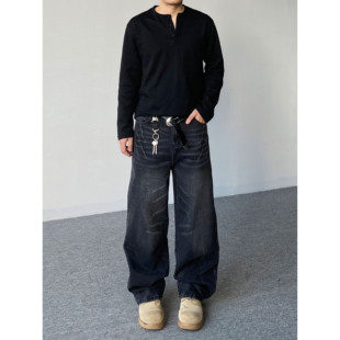 98SQUID 美式复古水洗做旧闪电纹扎花牛仔裤男女宽松休闲阔腿长裤