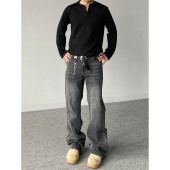 男女宽松休闲垂感长裤 复古做旧水洗猫须微喇牛仔裤 子 美式 98SQUID