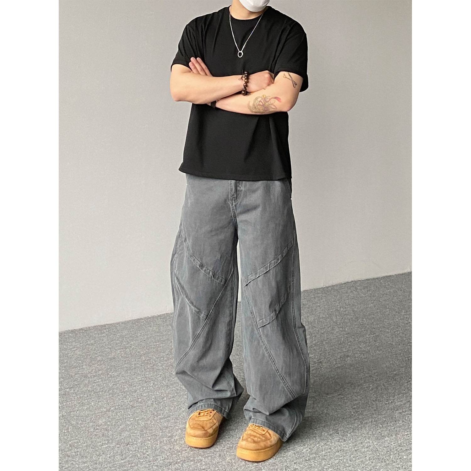 98SQUID 美式复古拼接巴恩风弯刀休闲裤男女宽松阔腿拖地垂感长裤,男装,休闲裤,淘宝优惠券,粉丝福利购,淘宝优惠卷