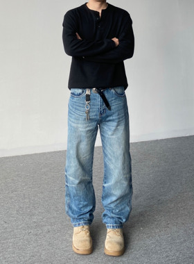 98SQUID 美式复古猫须水洗扎花蓝色牛仔裤男女宽松休闲直筒长裤子