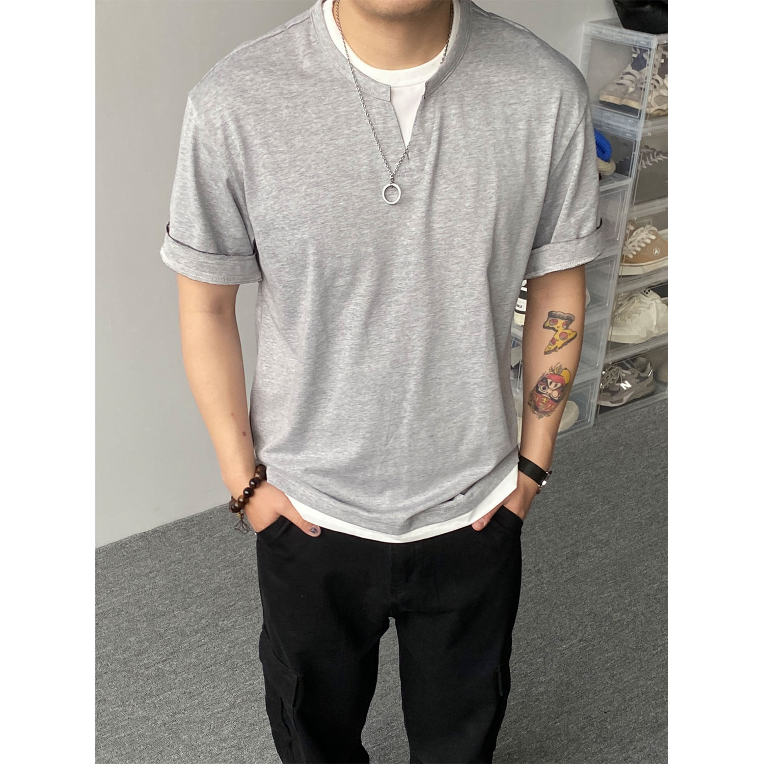 98SQUID 美式复古ins简约假两件T恤短袖220g男女宽松设计感半袖潮