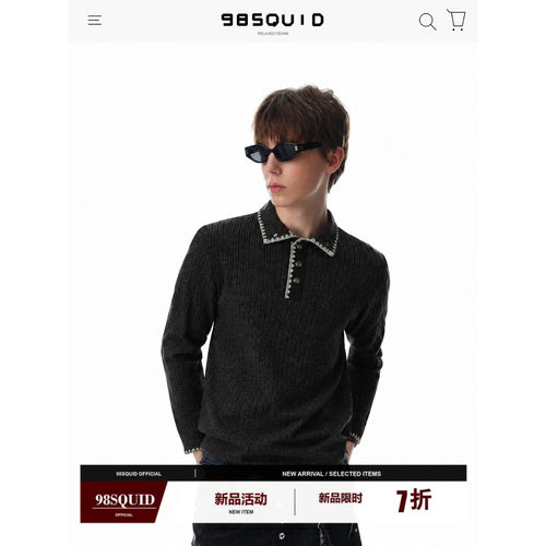 98SQUID美式复古老钱风Polo领针织衫男女百搭设计感休闲套头上衣
