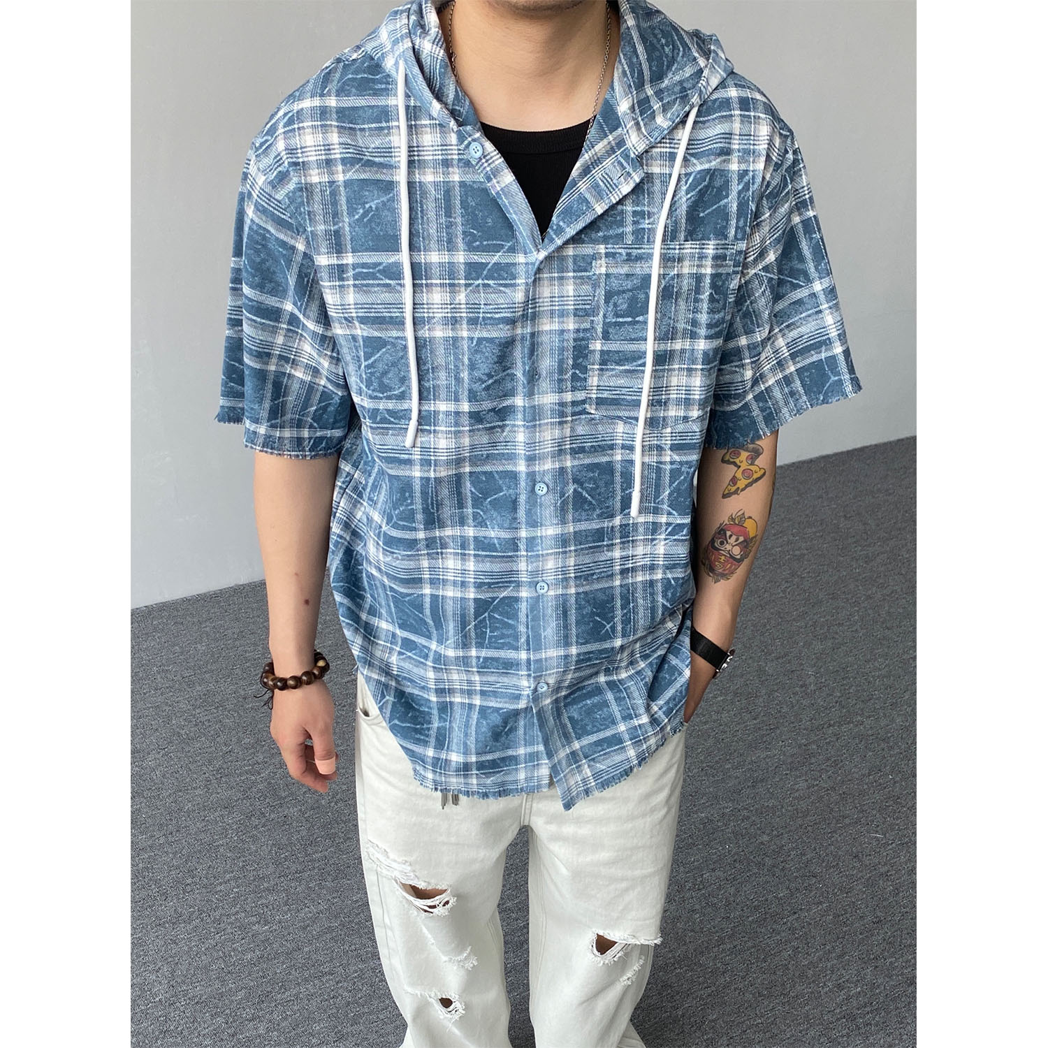 98SQUID 美式复古格子连帽抽绳短袖衬衫男女宽松慵懒百搭毛边上衣