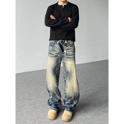 98SQUID 美式vibe水洗猫须渐变牛仔裤男女宽松垂感阔腿休闲长裤子